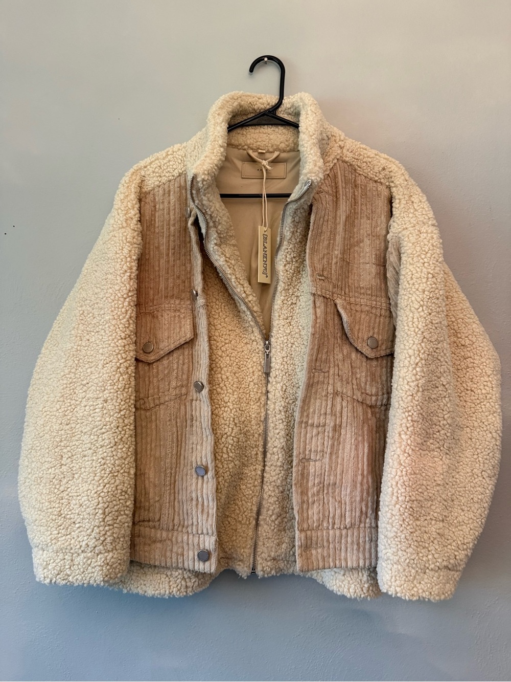 Blank NYC Cream Sherpa Jacket with Tan Corduroy Panels